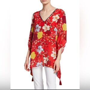 JOHNNY WAS JADE 100% Silk Vega Floral-Print V-Neck Silk Tunic w/ Tassels Artsy L